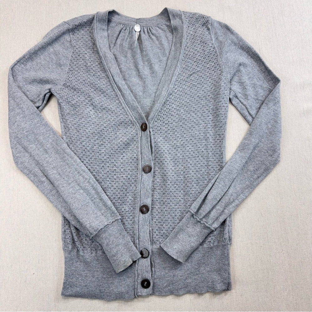 Margaret O’Leary Cardigan XS Gray 100% Cotton Open Knit Button Front Sweater